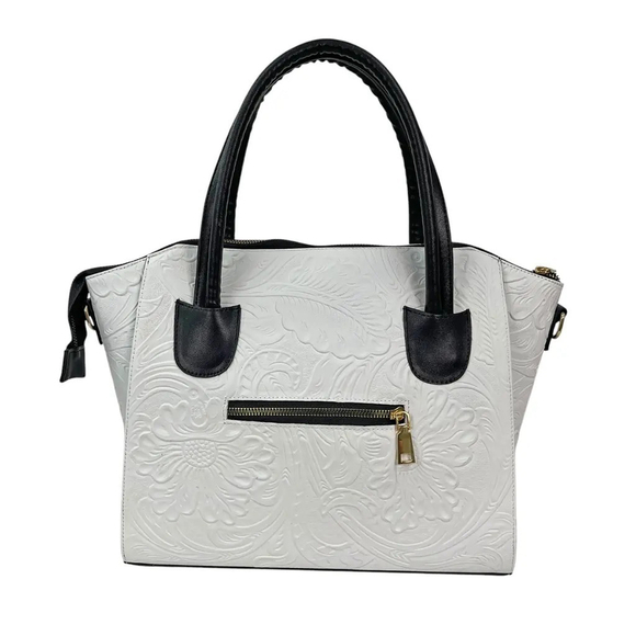 Black and White Embossed Tooled Artisan LEATHER Bag Purse Bolsa Artesanal Mexico - Picture 4 of 14